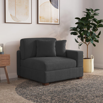 Milbrey Upholstered Gray Corduroy Armchair with Pillow Back and Solid Wood Legs