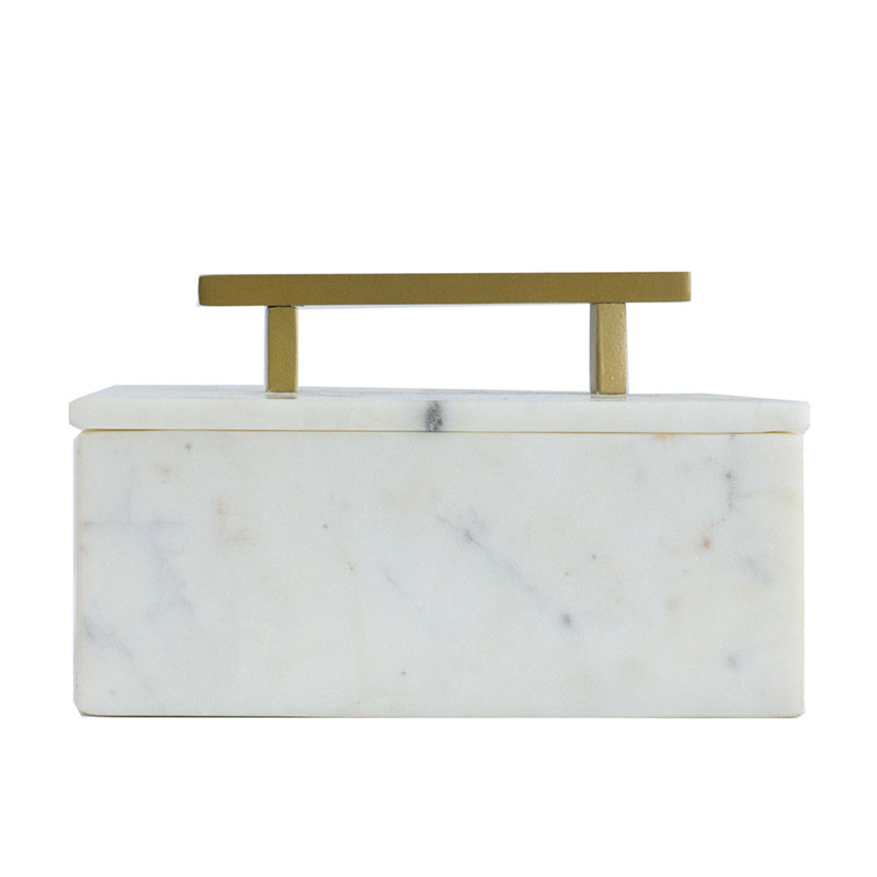 Decorative Storage Box, Gold Brass Handle, 7 Inch Luxe White Marble