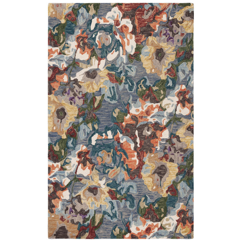 Akhira Floral Hand Tufted Wool/Cotton Area Rug in Light Blue/Rust, Rectangle 5' x 8'