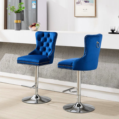 Blue Velvet Of 2, Thick Base, 25 - 33" Adjustable Height, Sponge & Spring Seat, Diamond For Home Kitchen Island Swivel , Height Adjustable, Buttons, Seat Pub And