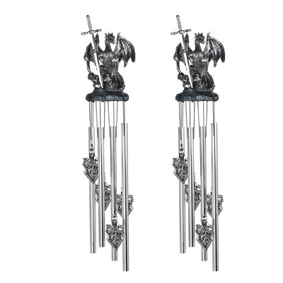 Ensemble de 2 cadeaux ICE ARMOUR long carillon de dragon argenté rond 23 po avec épée, statue, sculpture, sculpture, décoration, décoration de maison / chambre / jardin pour pendaison de crémaillère, vacances, spécial Noël