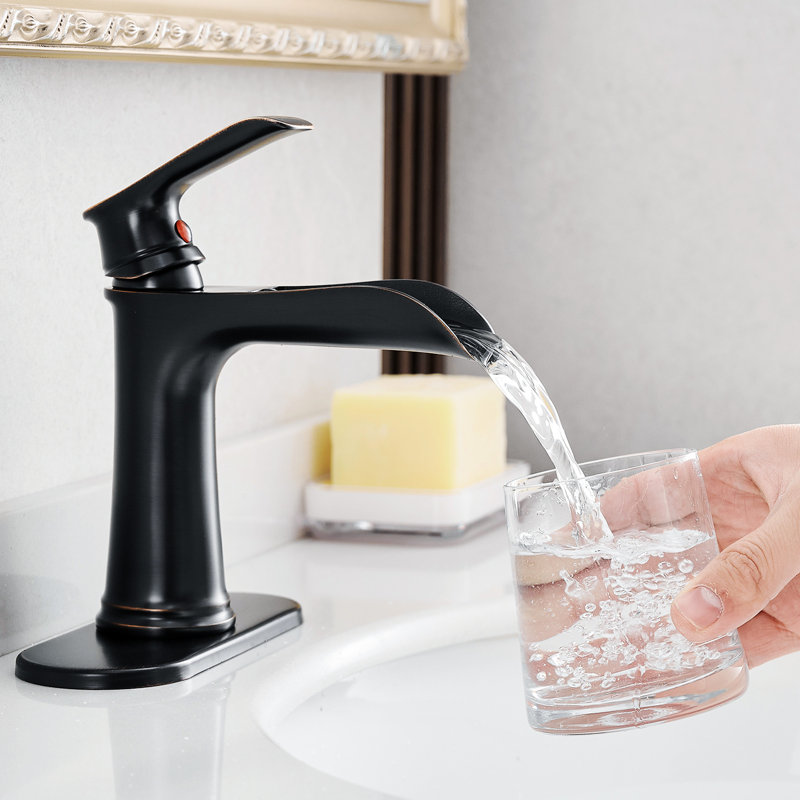 Bathroom Waterfall Faucet, Deck Mounted, With Supply Lines, Pop Up Drain And One Handle Geometric Faucet , Drain, Handle, Matte Black Finish, Oil-Rubbed Bronze, Contemporary Style, Hot Cold Water,