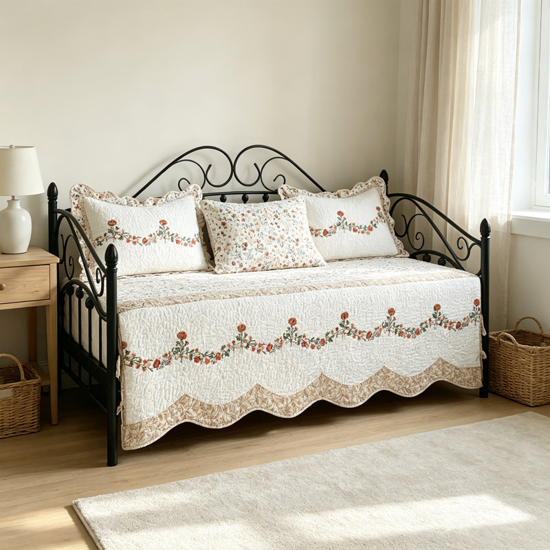 4 Piece Carnation Floral Embroidery Daybed Cover Set, Carnation Floral