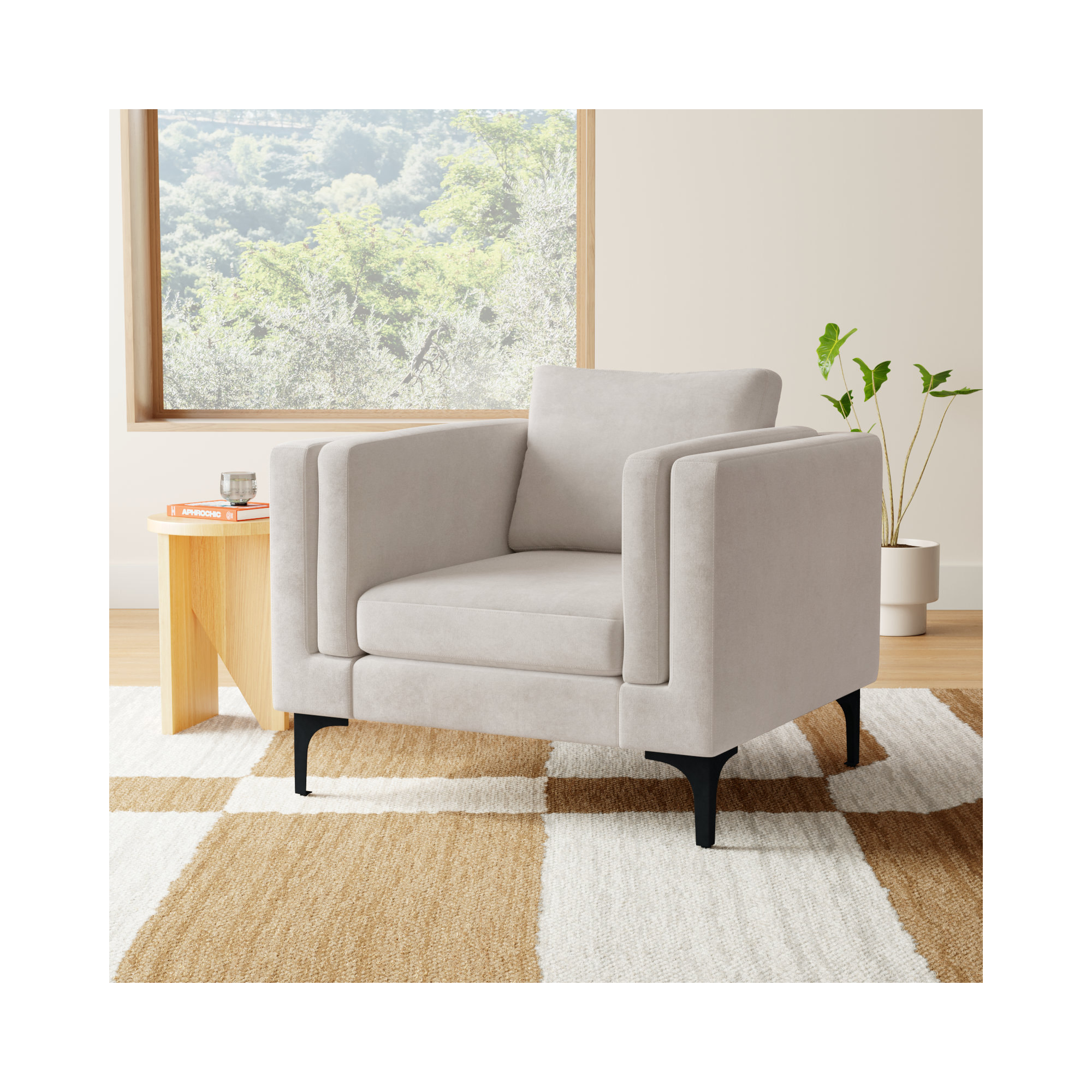 Troian Upholstered Armchair, Lux Cream Performance Chenille, Black