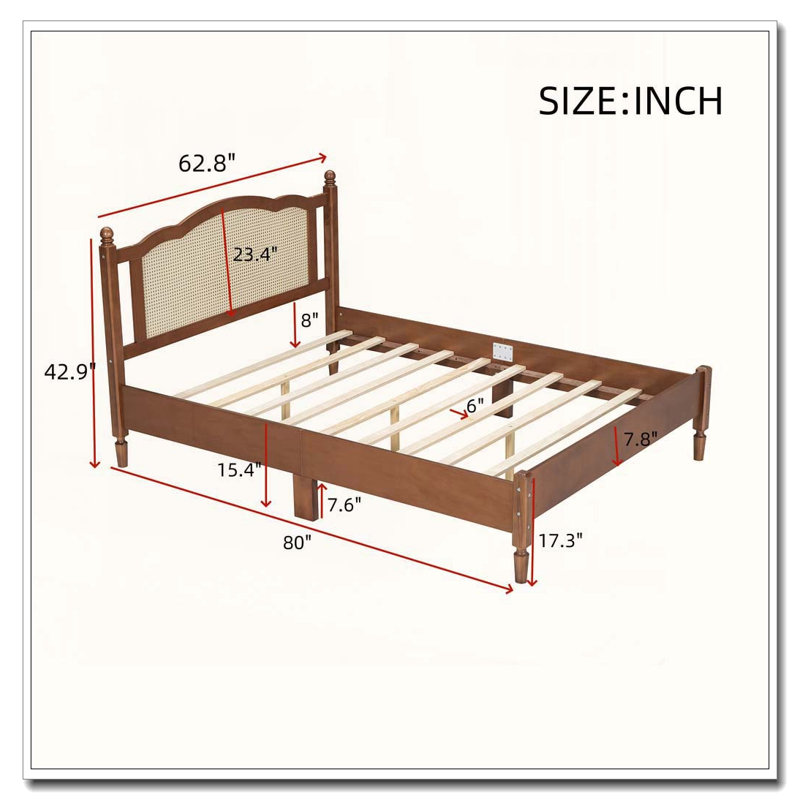 Grand lit plateforme en bois avec tête de lit en rotin naturel, Noyer