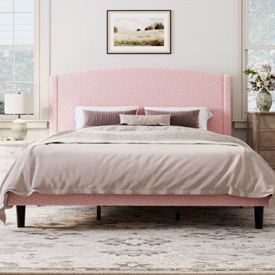 Chic Teddy Fleece Upholstered Platform Bed With Curve-Shaped Headboard, Modern Soft Boucle Fabric Bed Frame, Solid Wood Slat Support, No Box Spring Needed