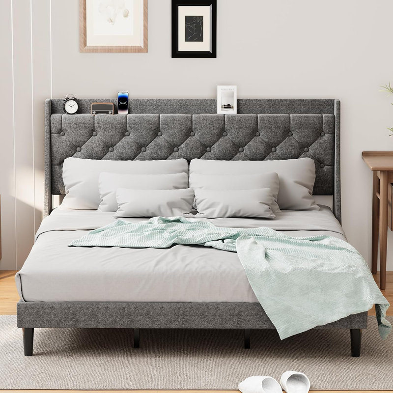 Très grande base de lit tapissier très grand, tête de lit à oreilles avec tablette de rangement et ports USB, lin capitonné, sans bruit, gris foncé