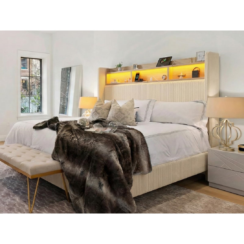 King Size Bed Frame with 51" Tall Corduroy Wingback Headboard and Storage Shelf, Upholstered Platform Bed with LED Lights & Charging Station, No Box Spring Needed, Easy Assembly, Cream