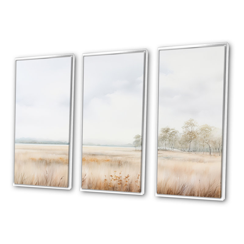 «Meadow Scenery Minimalisme», ensemble d'art mural prairie, H 40 po x l 60 po x P 1 po, Cadre flottant blanc