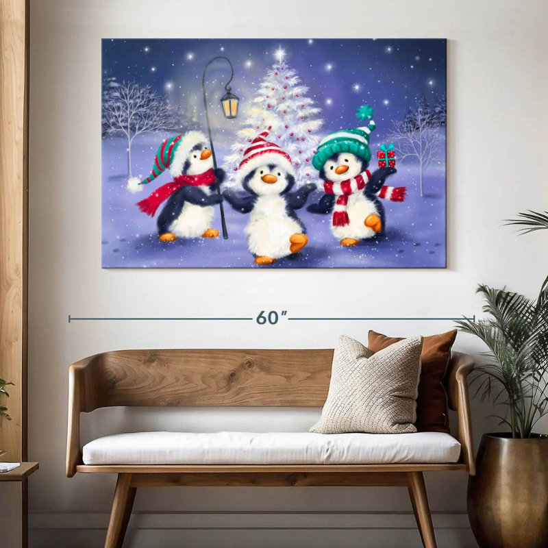 Trois pingouins avec arbre de Noël, H 34 po x l 51 po