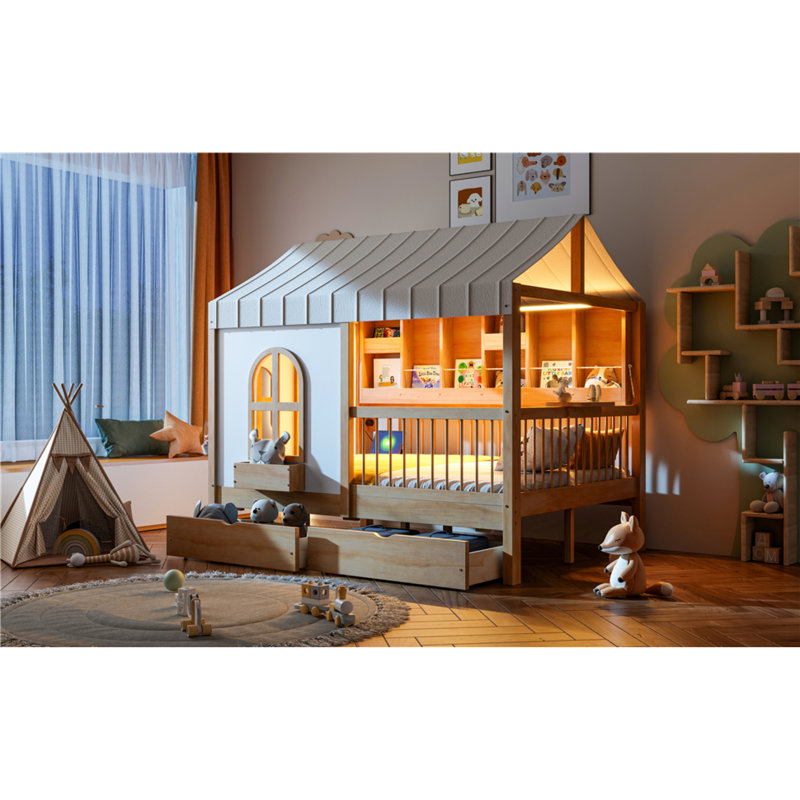 Lit spacieux en bois avec rangement et bibliothèque à DEL, naturel