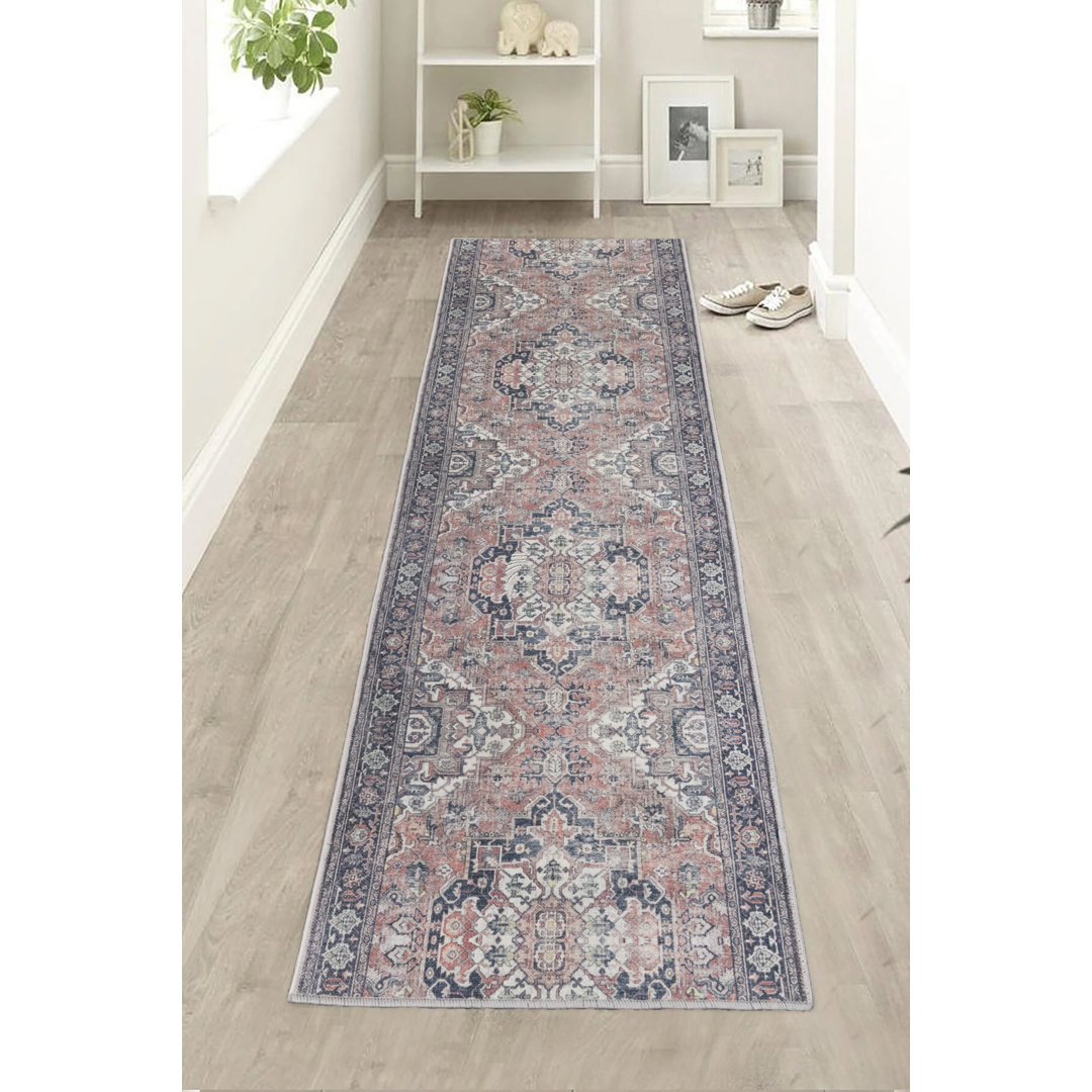 Custom Size Anti-Slip Canvas Back Low Profile Chennile Material Distressed Mahal Red Runner Rugs by Feet Ebern Designs Rug 