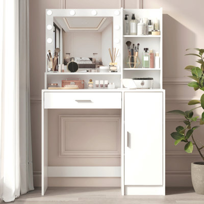 Bureau de coiffeuse avec miroir et lumière, commode de rangement à trois niveaux avec grand tiroir, 3 modes d'éclairage à luminosité réglable, coiffeuse de chambre à coucher (blanc)