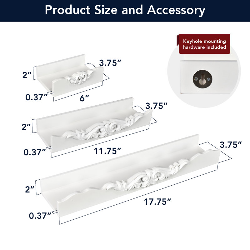  Vintage White Ornate 3-Piece Floating Wall Shelf Set
