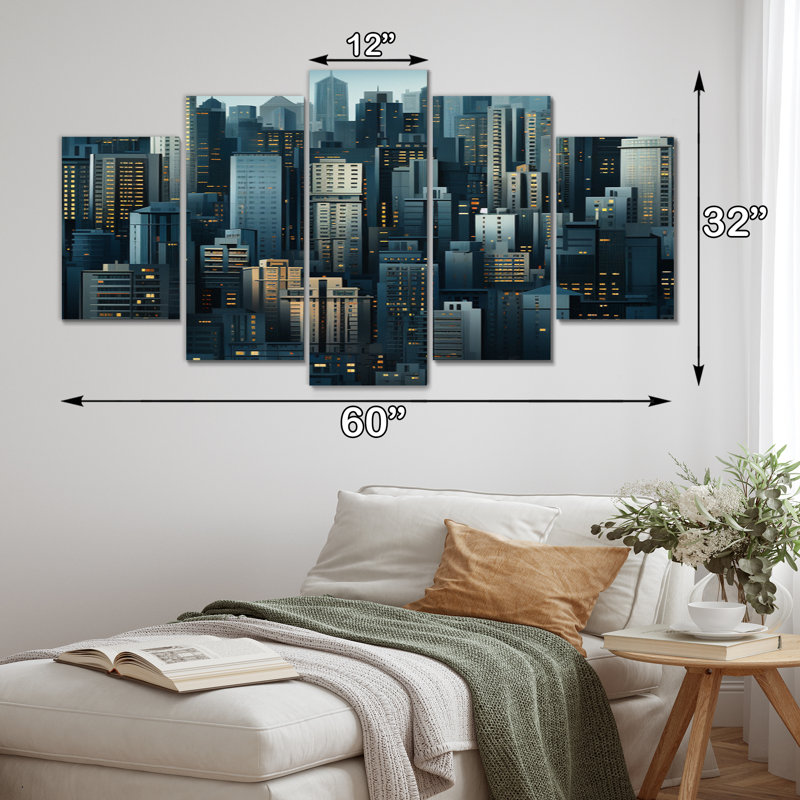 «Skyscrapers Symphony Slate I», reproduction d'art sur toile - 5 panneaux