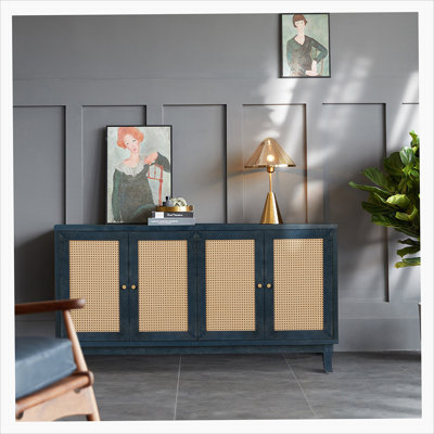 Handcrafted Premium Grain Panels,Rattan Sideboard Buffer Cabinet,Accent Storage Cabinet With 4 Rattan Doors, Modern Storage Cupboard Console Table with Adjustable Shelves for Living Room