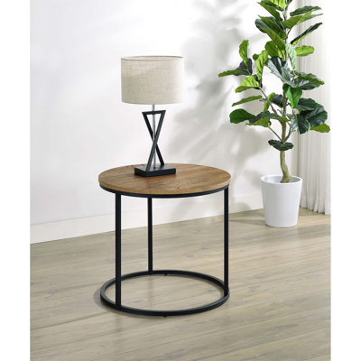 Table de bout d'appoint ronde Arrize Mango avec base en métal minimaliste et finition bois chaleureux