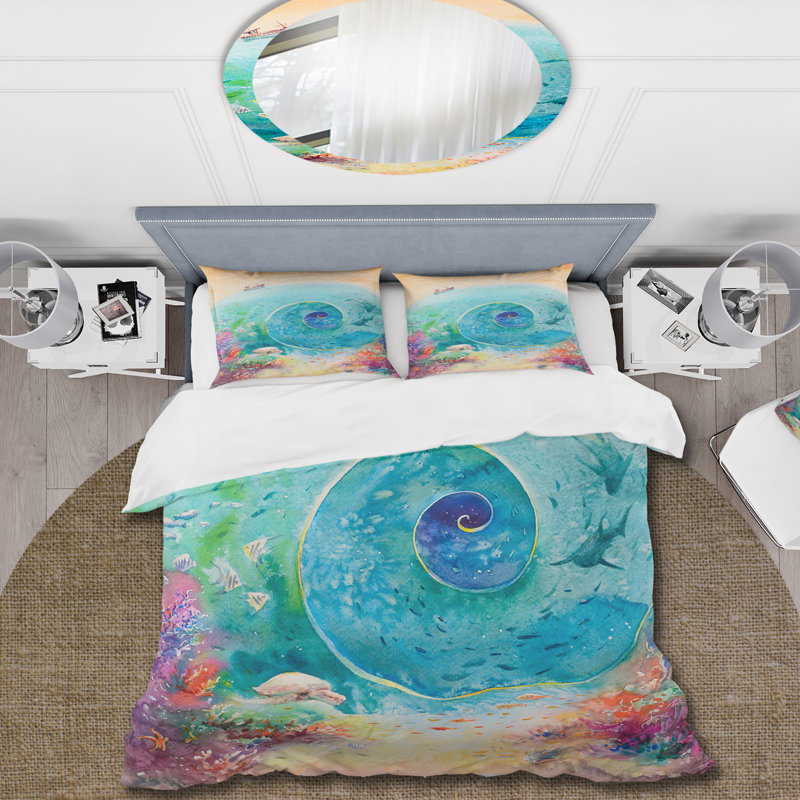 Turquoise océan en spirale avec poissons de récifs coralliens - ensemble de housse de couette nautique - polyester microfibre