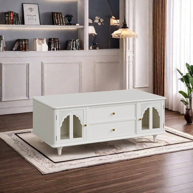 Meuble télé moderne et table basse en verre transparent, Blanc