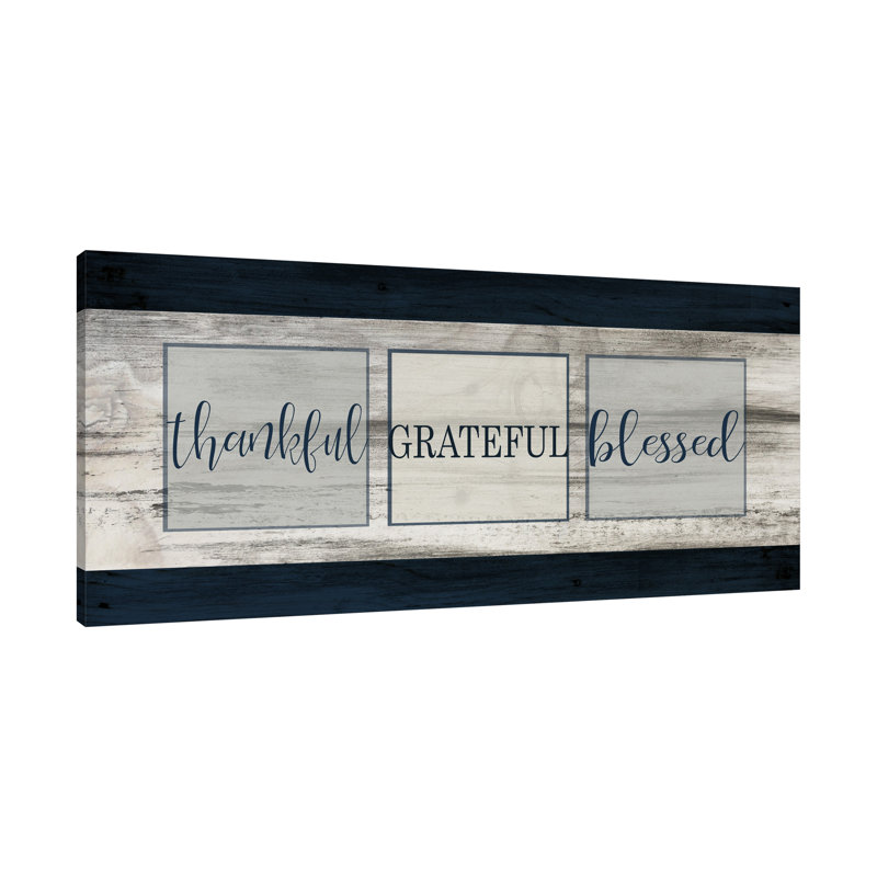 «Thankful Grateful Blessed Plank» par Kimberly Allen, art textuel sur toile tendue, H 30 po x l 60 po x P 1,5 po