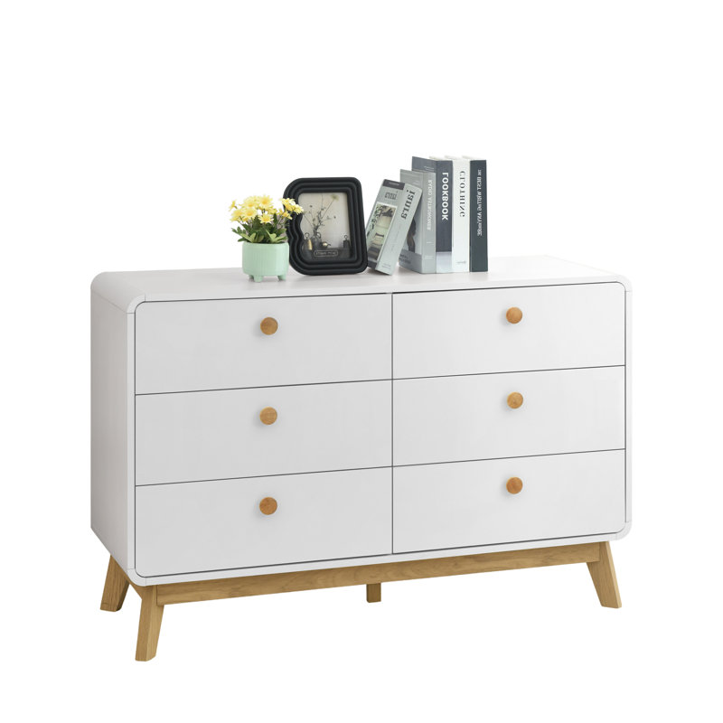  Aries 6 Drawer Dresser for Bedroom, 47.3″ W Modern Wide Chest of Drawers, Wood Storage Organizer for Clothes, Entryway, Hallway, Nursery or Living Room, White