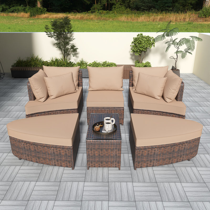 Ensemble de canapé d'extérieur en osier 6 pièces avec table basse, Beige / brun