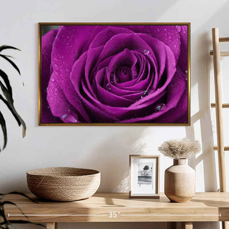 Gouttelettes sur une rose mauve, Cadre flottant doré, 25 po x 17 po