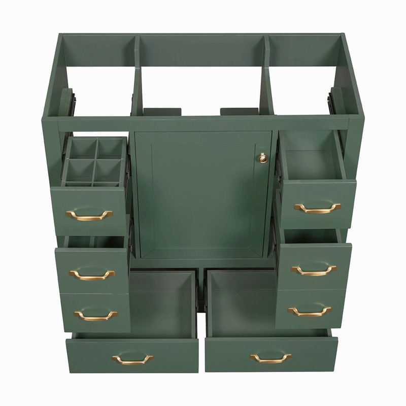 Meuble-lavabo 36 po sans lavabo, base d'armoire seulement, six tiroirs, diviseur de tiroir multifonctionnel, tablette réglable, vert
