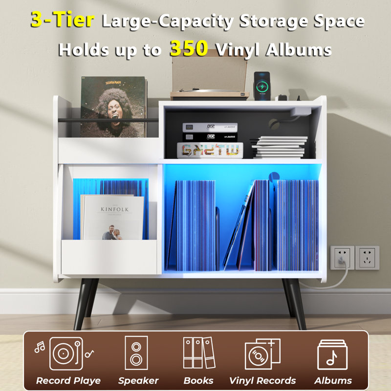Large Record Player Stand, 350 Vinyl Record Storage Holder with Power Outlet and LED Light, White
