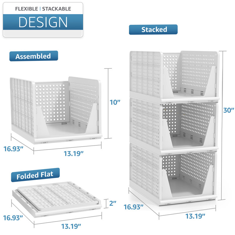 Sorbus 3 Pack Folding Shelf Organizer - Stackable Closet Shelf Organizer Baskets for Clothes, Closet, Bathroom, Kitchen, Garage - Easy Access Open Front Design Under Shelf Organizer, Large