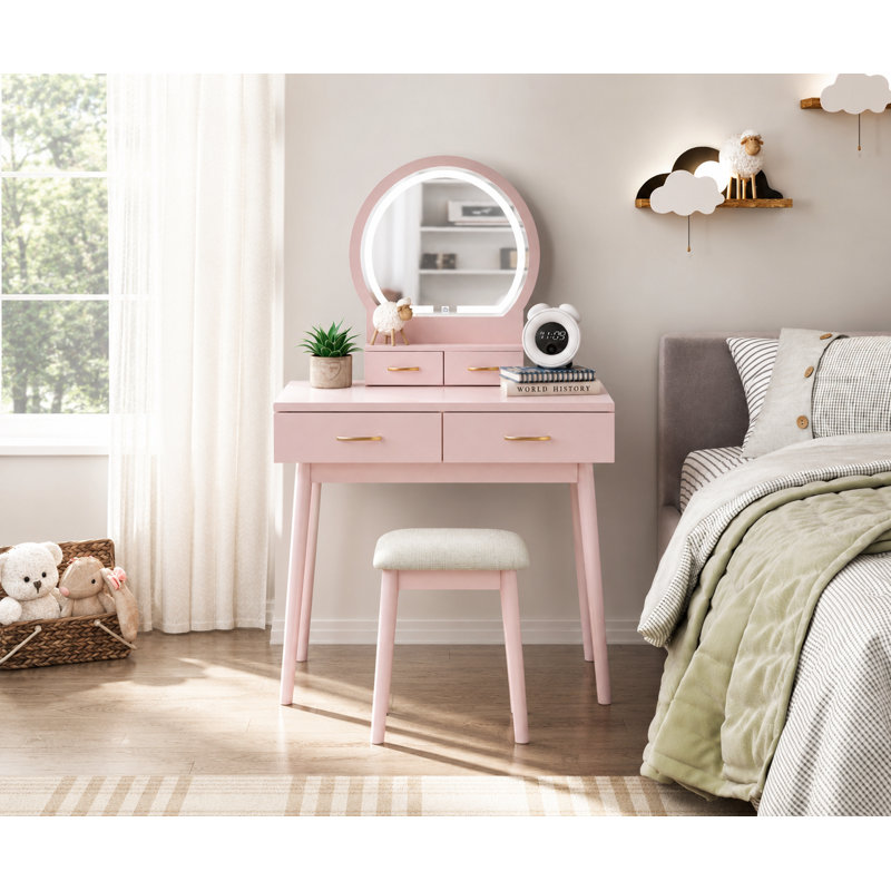 Kamila 4-Drawer Modern Makeup Vanity Set · LED Smart-Touch Mirror · Padded Stool, Pink
