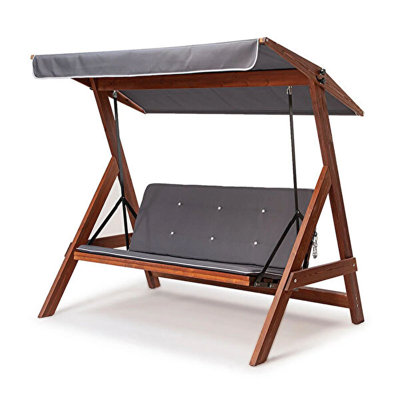 Triple Garden Swing Chair, Anthracite Color, 74.8 x 47.2 x 70.9 inches | 100% Pine Frame, 100% Polyester Waterproof Fabric | 350 lbs Capacity, Reclining Backrest, Easy Clean, UV Resistant, Silent Swing, Removable Cover