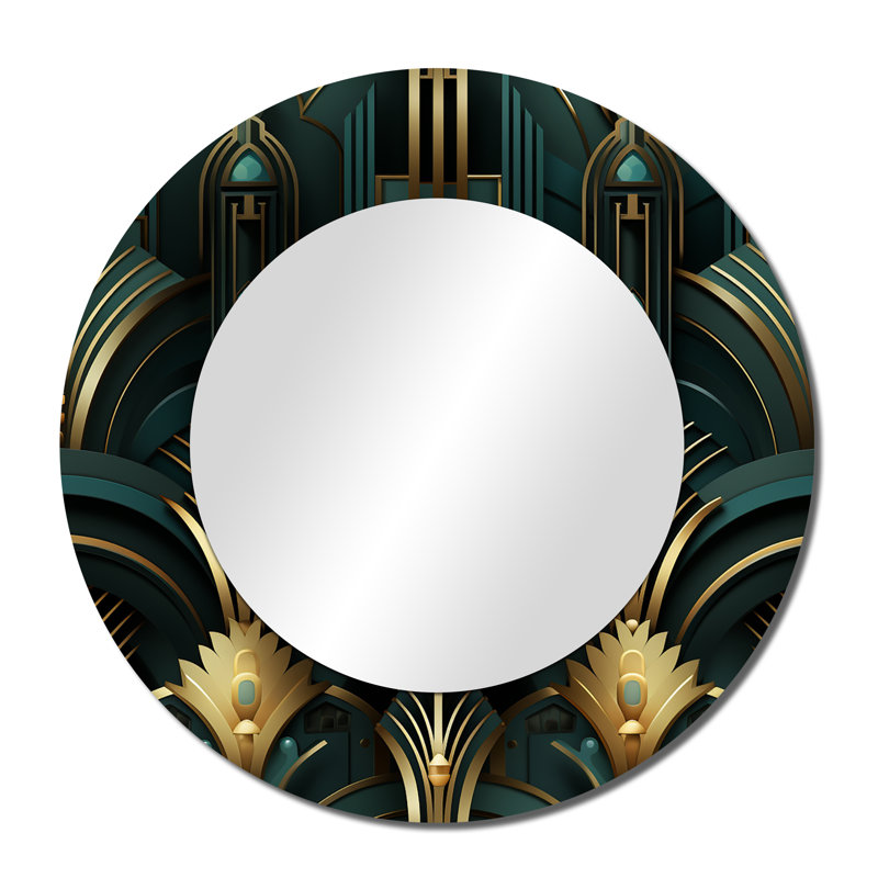 Gold And Green Art Deco Opulence - damask  Decorative Mirror, Boho Round Wall Mirror, Printed Metal Art, 36" x 36"
