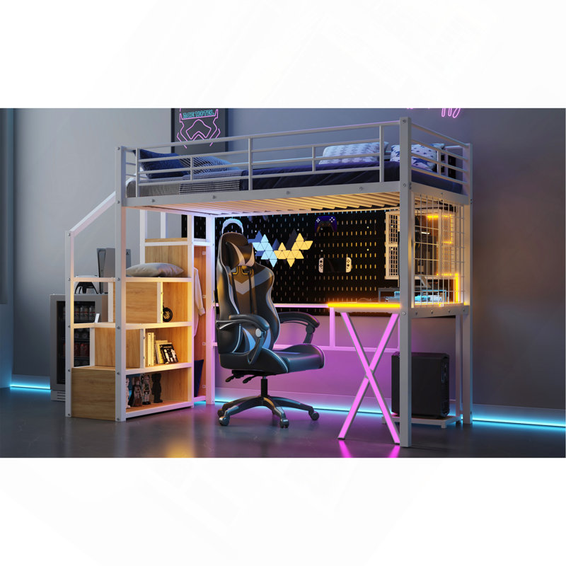 Twin Metal Loft Bed with LED, Built-in Workstation, Wardrobe & Storage Staircase, Twin