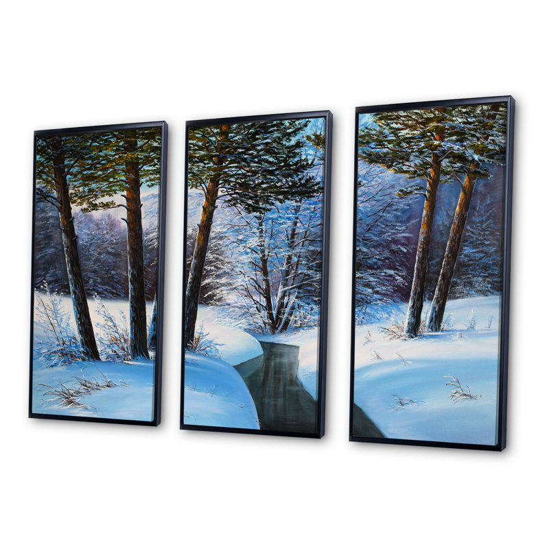 Christmas Forest With River And Trees III - 3 Piece Floater Frame Print on Canvas, Black Framed, 36" W x 28" H