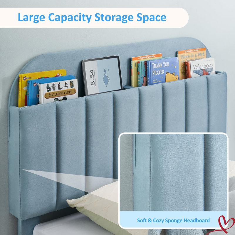 Twin/Twin XL Bed Frame with Storage Headboard Velvet Upholstered Platform Bedframe for Kids No Box Spring Needed