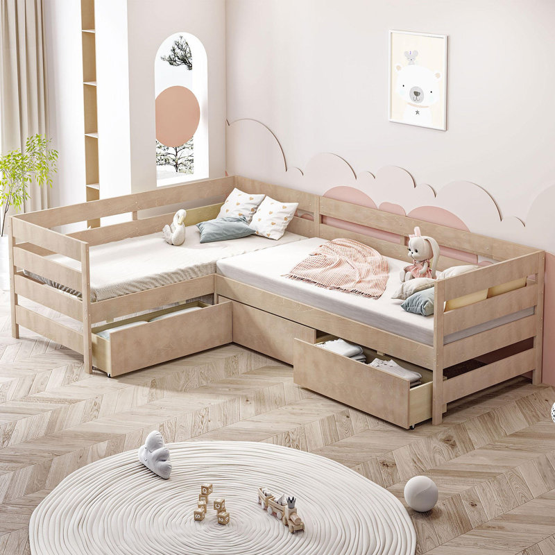Lit plateforme simple en forme de L avec trois tiroirs de rangement
