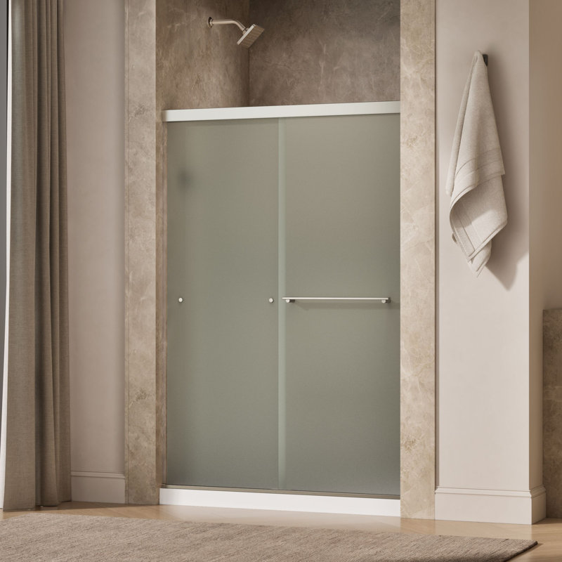 Revel Sliding Shower Door, 70-In H X 44-5/8 - 47-5/8-In W, With 1/4-In Thick Frosted Glass, Anodized Brushed Nickel, Frosted