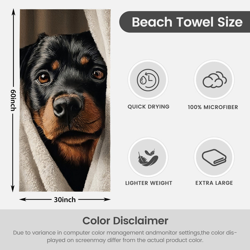  Serviette de plage en microfibre légère, absorbante sans décoloration, 30 po x 60 po, portrait de chien Rottweiler