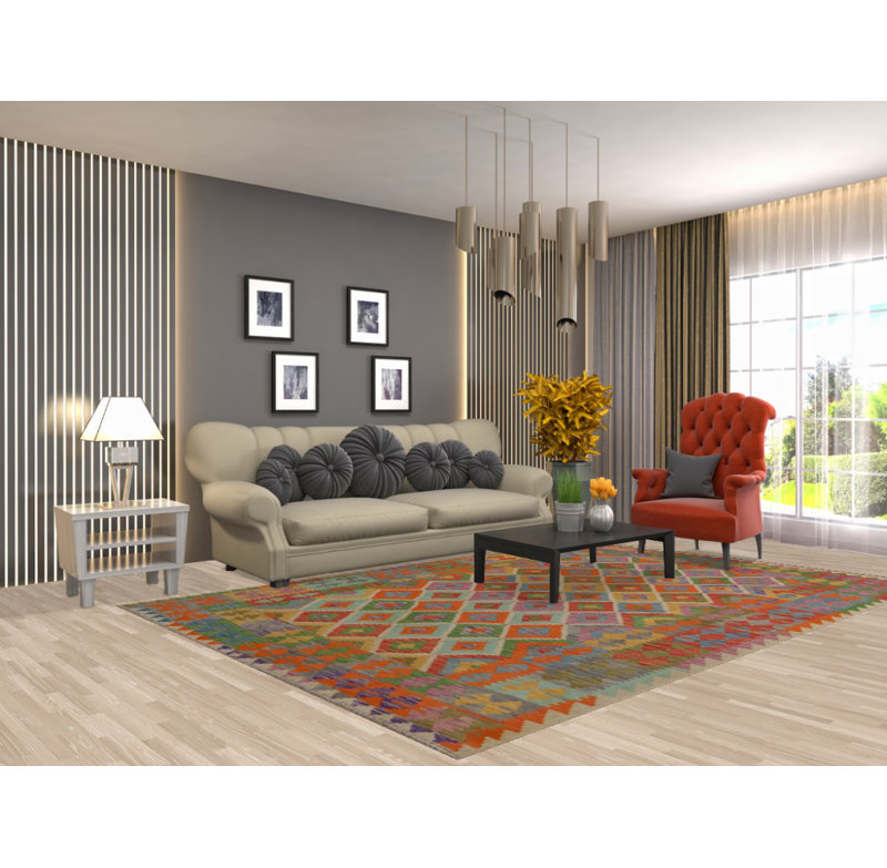 Tapis géométrique en laine Kilim 7 x 7
