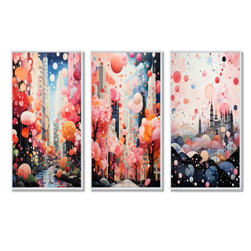 «Bubble Gum Cityscape Horizon I», ensemble de 3 impressions sur toile City Art Deco, Cadre flottant blanc, H 32 po x l 48 po