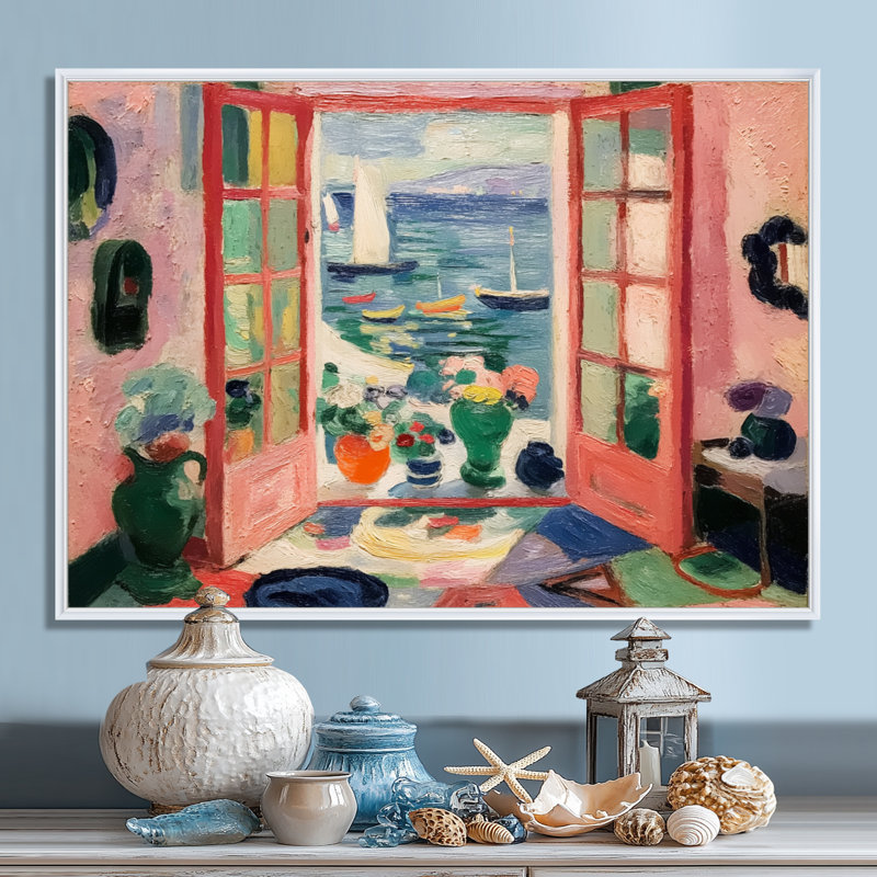 «Italian Summer Window Scenery - Coastal Windows», reproduction d'art sur toile rose, H 30 po x l 40 po, Avec cadre, Blanc