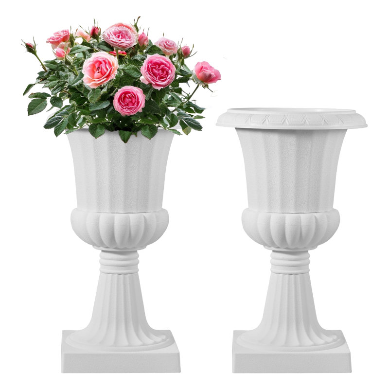 Plastic Urn Planters 9.84 x 16.54 Inch White Floral Pedestal Flower Pots, White, 16.54" H x 9.84" W x 9.84" D