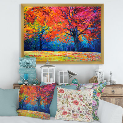 «Vibrant Red Tree in Autumn Landscape», peinture sur toile
