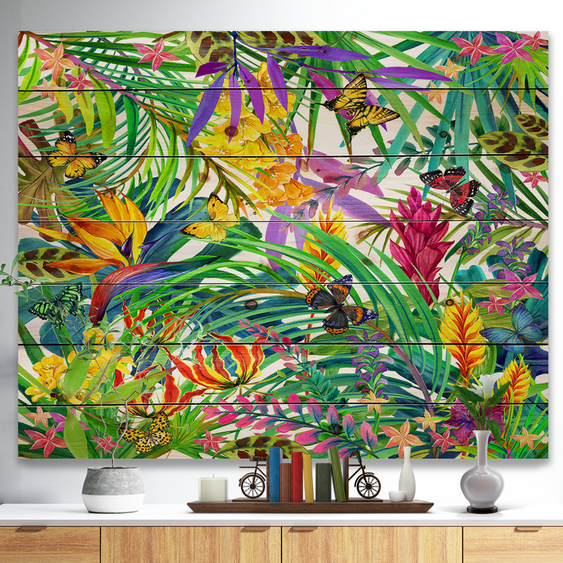 Feuilles et fleurs tropicales - impression d'art floral, H 36 po x l 46 po x P 0,78 po, Bois
