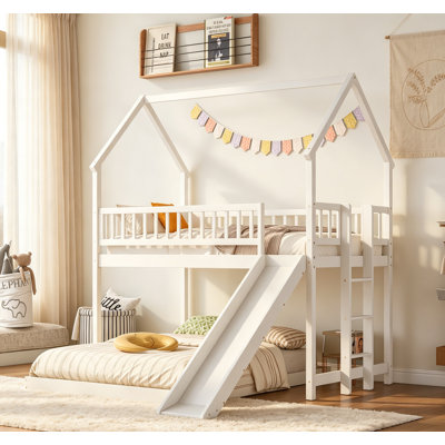 Twin Over Full House Bunk Bed With Slide, Built-In Ladder, And Full-Length Guardrails For Safety And Fun