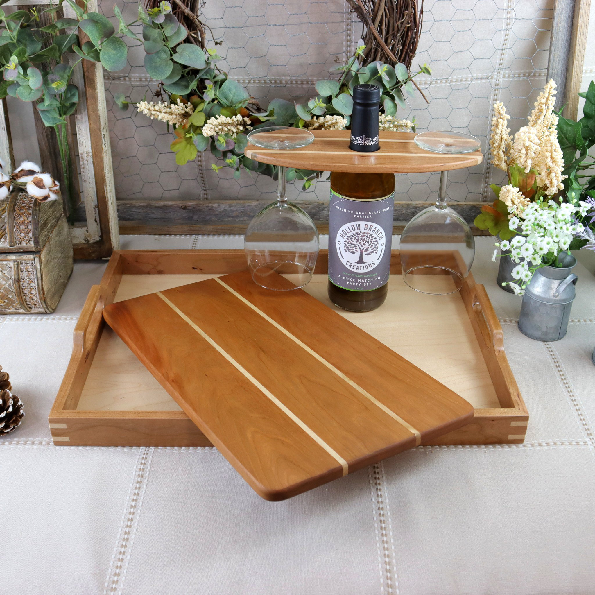 3-Piece Serving Set: Handcrafted Matching Serving Tray, Cutting Board, & Wine Bottle Holder Carrier Hollow Branch Creations Color: Light Brown
