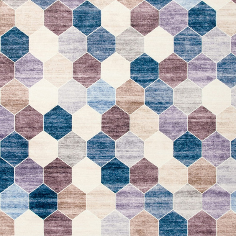 Tapis délavé à motif géométrique ivoire et bleu 4 pi x 6 pi