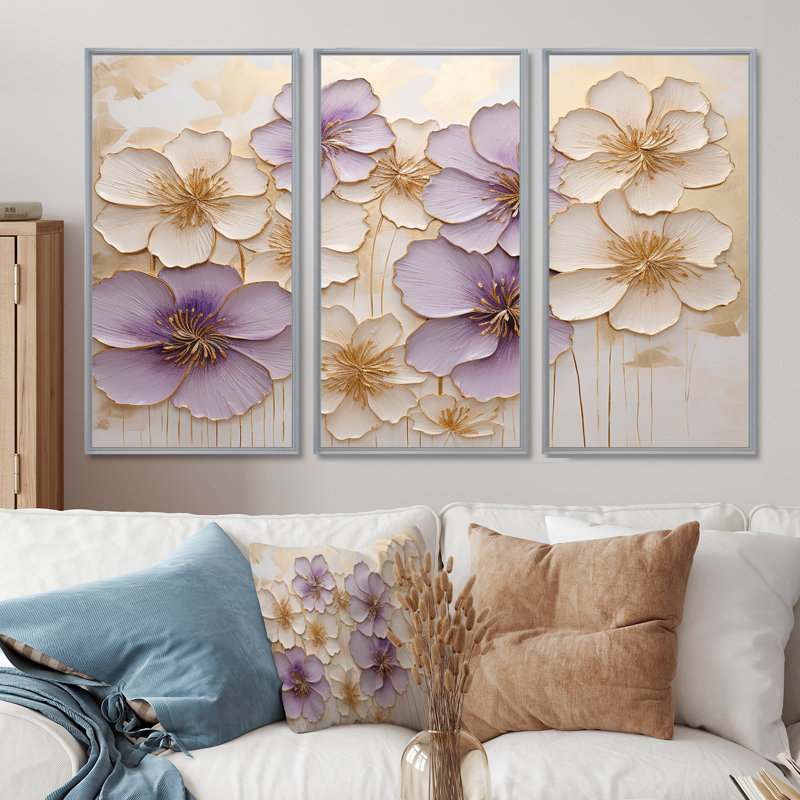 Ensemble de salon mauve et or violet et or, H 32 po x l 48 po x P 1 po, Cadre argenté flottant