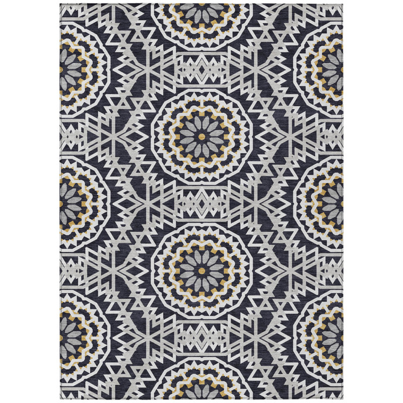 Tapis extérieur lavable à motif de médaillon noir ivoire et gris 3 pi x 5 pi